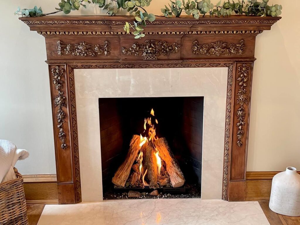 Lighted wooden fireplace