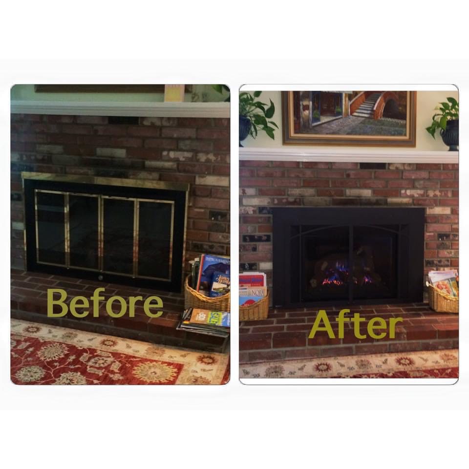 Before-and-after image of a repaired fireplace