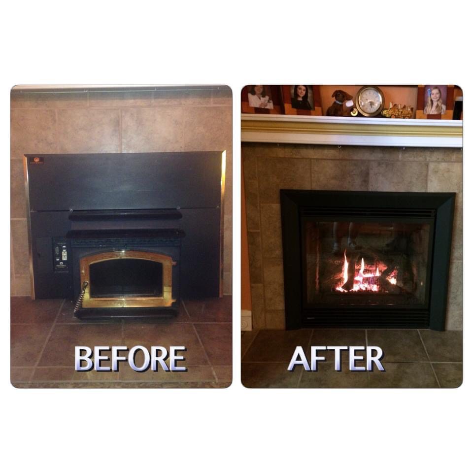Before-and-after image of a refurbished fireplace