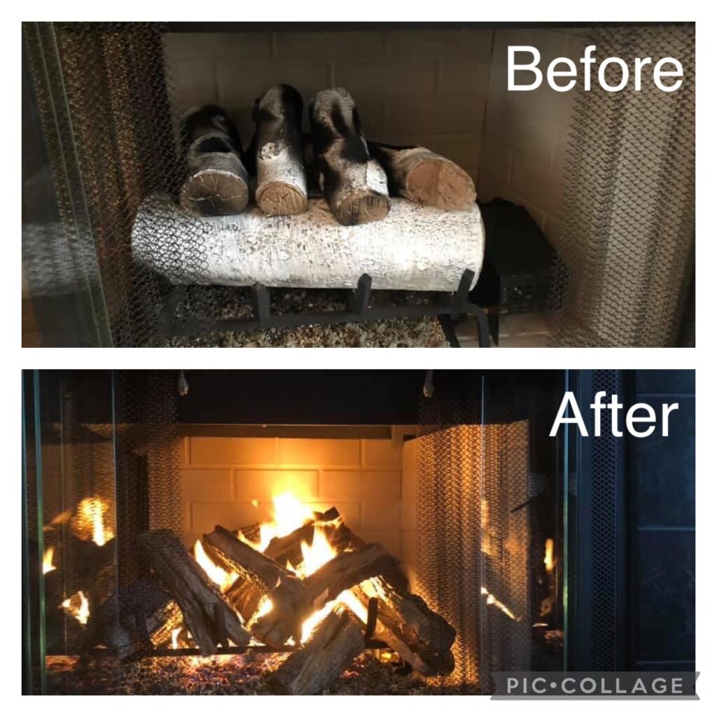 Before-and-after image of a repaired wooden fireplace